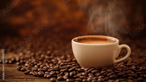 Cup of Coffe on black background. Beans on wooden background. Coffee beans. Cofee advertising sale stock photo
