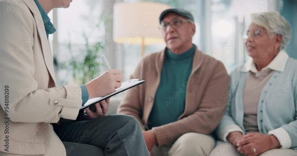 Healthcare, nurse or senior couple on sofa for consultation, insurance policy update or survey on clipboard. Doctor, elderly people or report in office for assessment or document for medical history