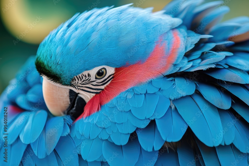 Obraz premium Close-up of a blue and red macaw's feathers. Perfect for illustrating bird beauty, nature, and tropical themes.