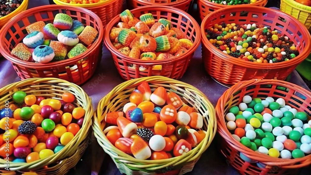 Fototapeta premium A Bountiful Display of Halloween Candy Overflowing in Colorful Baskets for Spooky Celebrations