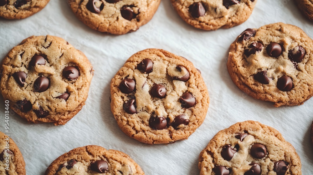 A close-up of freshly baked chocolate chip cookies on a white parchment paper. The cookies are golden brown and have a crispy texture. A close-up of freshly baked chocolate chip cookies on a white parchment paper. The cookies are golden brown and have a crispy texture.