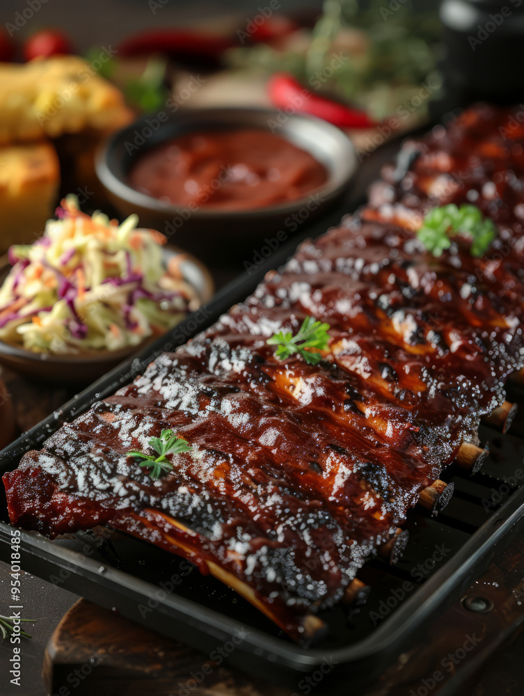 Close-up of barbecue ribs glazed in sauce on a tray with sides. Close-up of barbecue ribs glazed in sauce on a tray with sides.
