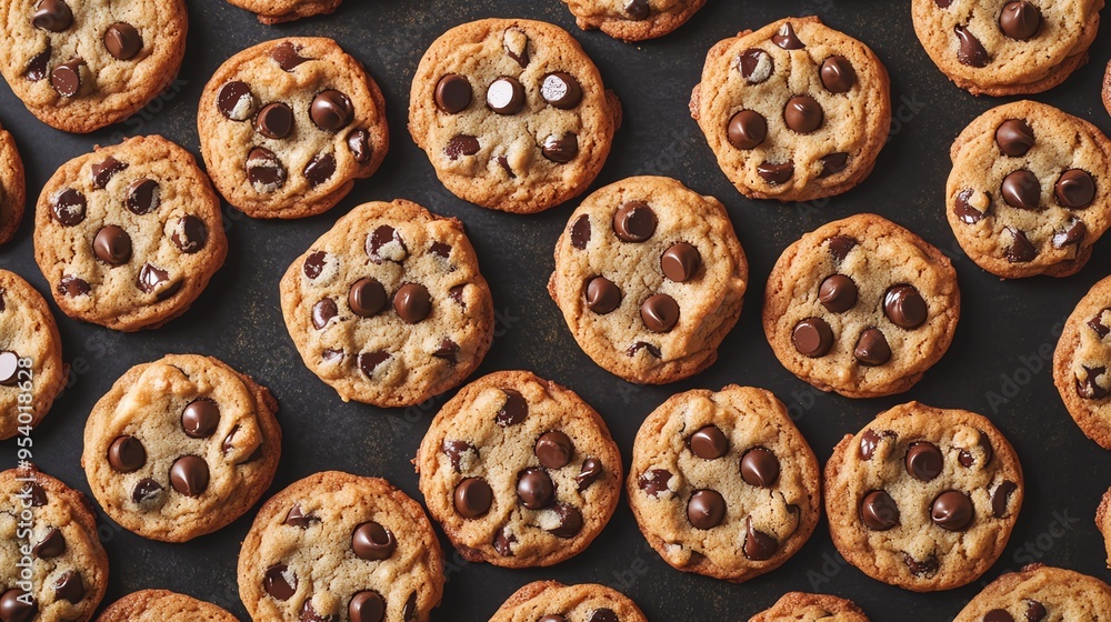 A close-up shot of freshly baked chocolate chip cookies on a baking sheet. The cookies are golden brown and have a soft, chewy texture. A close-up shot of freshly baked chocolate chip cookies on a baking sheet. The cookies are golden brown and have a soft, chewy texture.