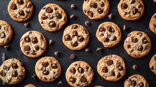 A close-up shot of a delicious chocolate chip cookies on a black background. The cookies are fresh and golden brown, with melted chocolate chips.