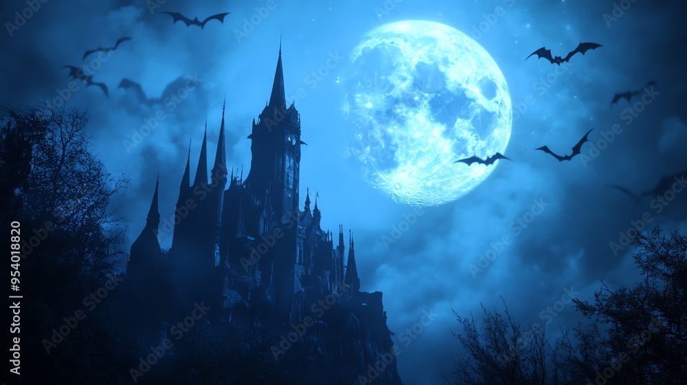 A spooky silhouette of a castle stands tall against a backdrop of a full moon and a starry night sky. A spooky silhouette of a castle stands tall against a backdrop of a full moon and a starry night sky.