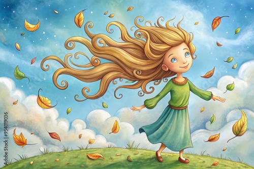 A whimsical cartoon illustration of wind personified as a joyful, flowing entity, with windblown hair and clothes, photo