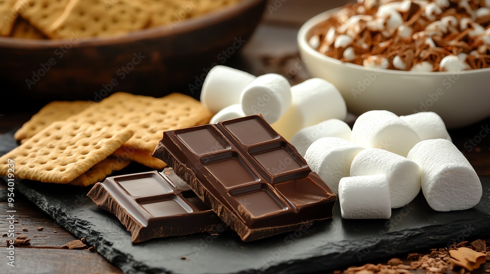 A close-up shot of chocolate bars, graham crackers, and marshmallows, ready for making s'mores. A close-up shot of chocolate bars, graham crackers, and marshmallows, ready for making s'mores.