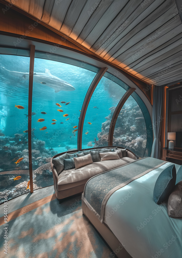 Room in underwater hotel resort, cosy bed and couch near large window, fishes and marine live visible behind. Generative AI