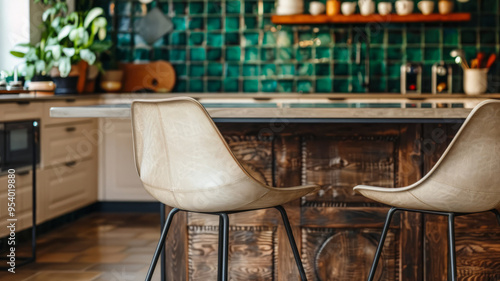 Modern kitchen interior with two stools by a wooden counter.