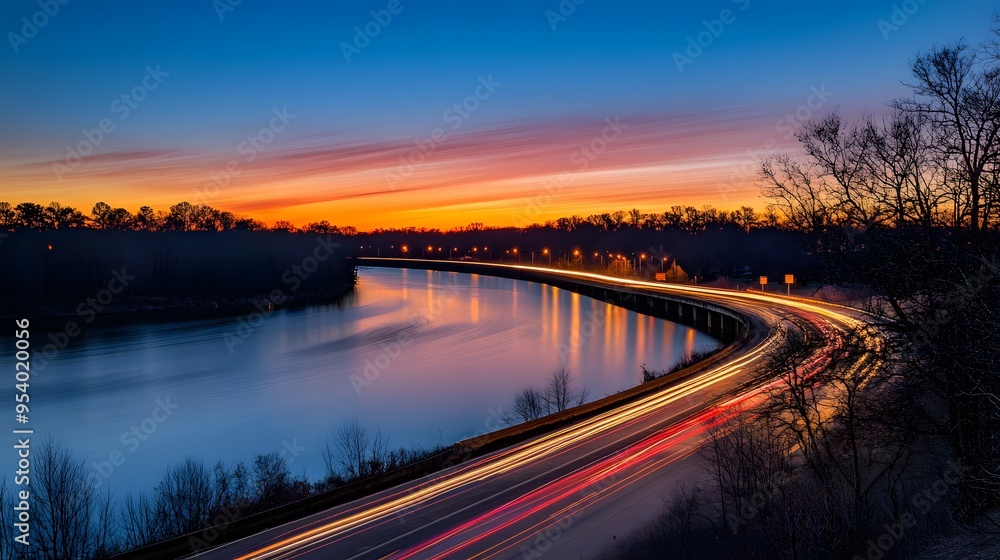 A long exposure photograph of the lights from cars on a highway at night A long exposure photograph of the lights from cars on a highway at night