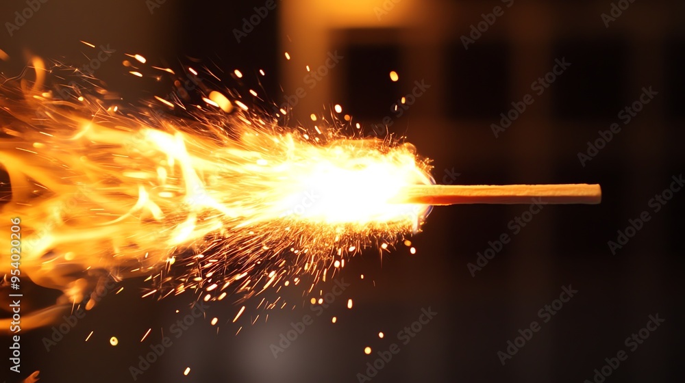 A close-up shot of a matchstick burning brightly, creating a fiery spectacle with sparks and flames. A close-up shot of a matchstick burning brightly, creating a fiery spectacle with sparks and flames.
