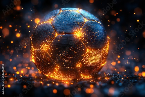 A soccer ball with a glowing surface is surrounded by a lot of sparks