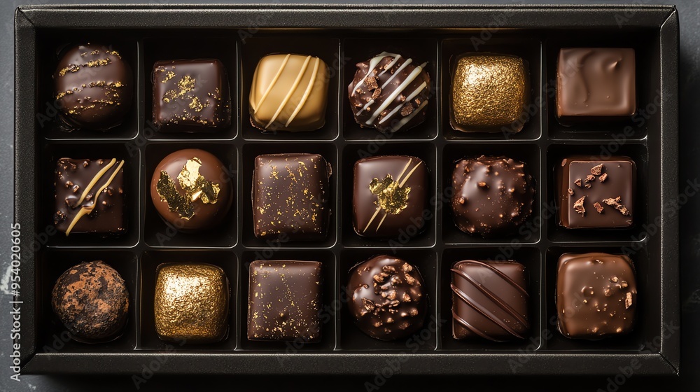 A close-up of a box of assorted chocolates, each piece decorated with gold leaf. A close-up of a box of assorted chocolates, each piece decorated with gold leaf.