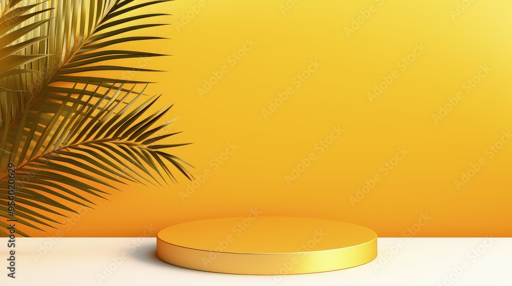 A vibrant yellow backdrop featuring a circular platform and palm leaves, ideal for product displays or creative presentations. A vibrant yellow backdrop featuring a circular platform and palm leaves, ideal for product displays or creative presentations.
