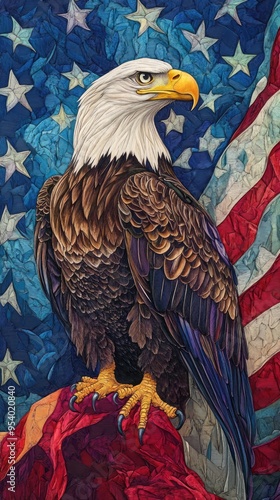 Painted North American bald eagle with the USA flag at the background vertical illustration. Symbol of freedom