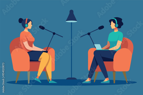 Vector flat illustration of two people sitting in comfortable chairs recording podcast using professional audio equipment and microphones