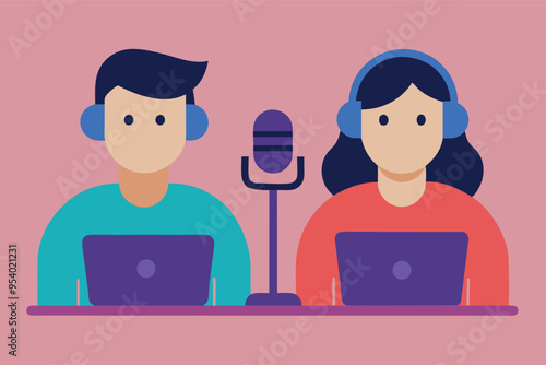 Radio host concept Idea of news broadcasting in the studio. Podcasting with the microphones. Flat vector illustration