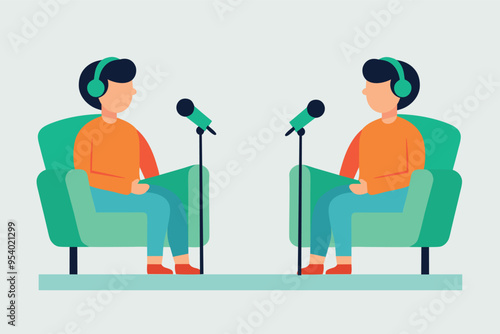 Vector flat illustration of two people recording podcast using professional audio equipment and microphones