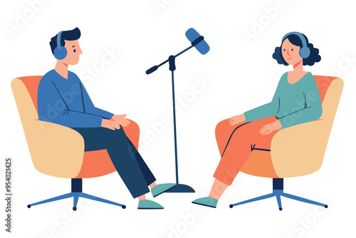 Vector flat illustration of two people recording podcast using professional audio equipment and microphones