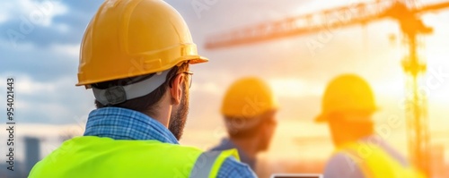 At a construction site, a worker donning a hard hat and reflective vest utilises a tablet. The picture demonstrates how technology is used in the building sector. photo