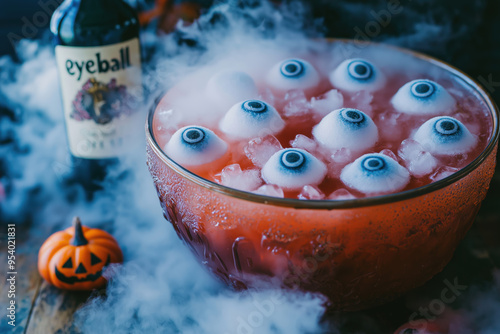 Halloween punch with eyeballs and a smoky effect, creating a spooky and eerie drink for a holiday party. 
Halloween drinks photo