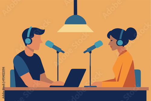 Radio host concept Idea of news broadcasting in the studio. Podcasting with the microphones. Flat vector illustration