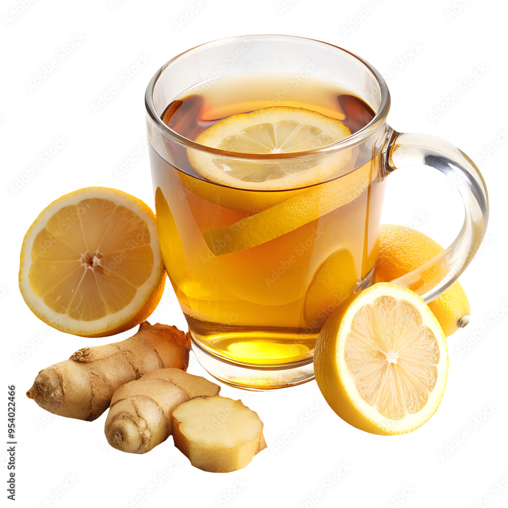 Tea with lemon and ginger on an isolated background, and lemon slices and ginger are next to it Tea with lemon and ginger on an isolated background, and lemon slices and ginger are next to it