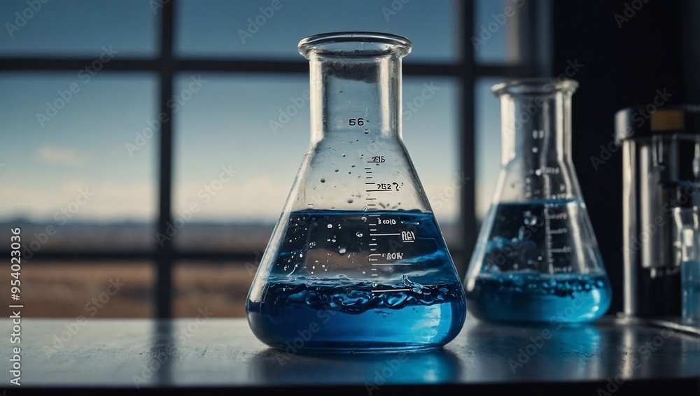 Blue liquid in an Erlenmeyer flask depicted realistically. Blue liquid in an Erlenmeyer flask depicted realistically.