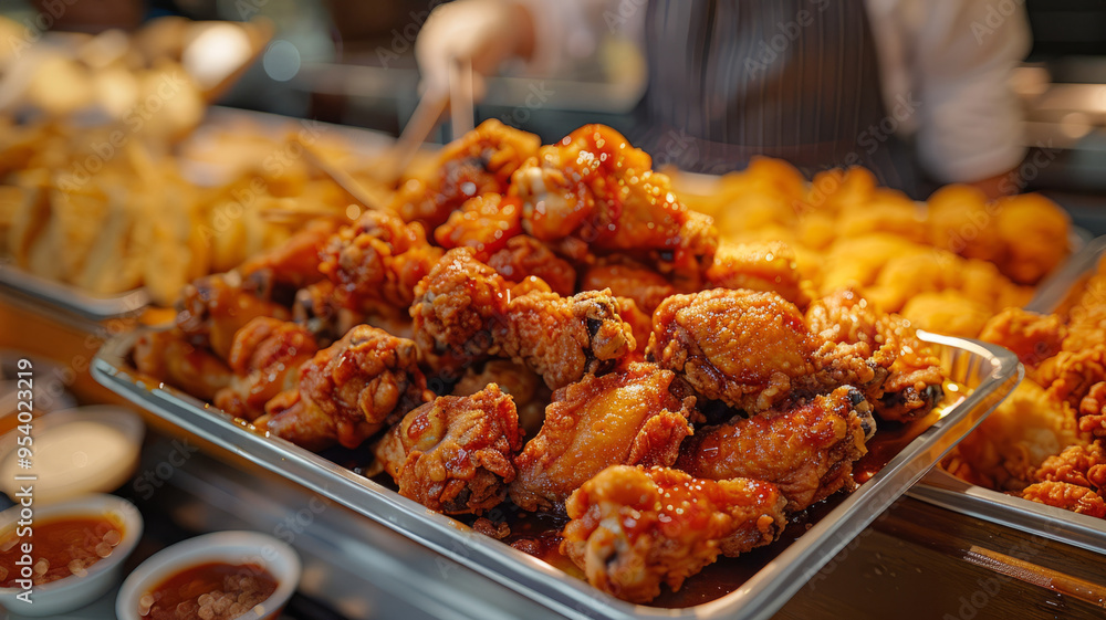Tray of freshly fried chicken wings with sauces on the side. Tray of freshly fried chicken wings with sauces on the side.