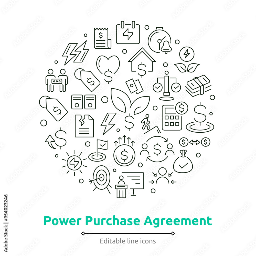 Power purchase agreement linear icons collection. UI icon set in flat line design. Thin outline icons pack. Power purchase agreement linear icons collection. UI icon set in flat line design. Thin outline icons pack.