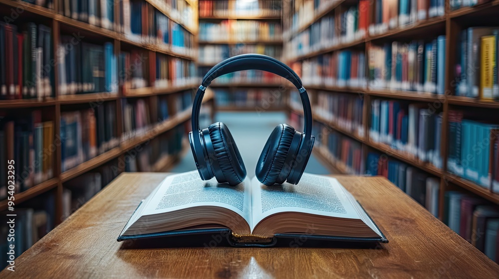 Fototapeta premium Headphones on a book in a library. Perfect for audiobook or learning concepts.
