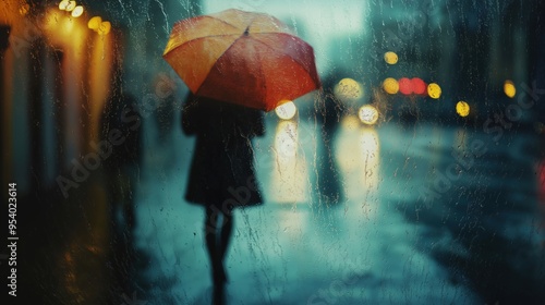 Rain. Girl in the rain with umbrella. Girl in autumn. Girl on the road photo