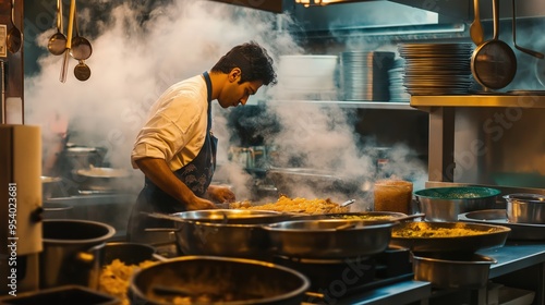 Modern kitchen interior. Restaurant kitchen stock photo. Man chef in the kitchen cooking