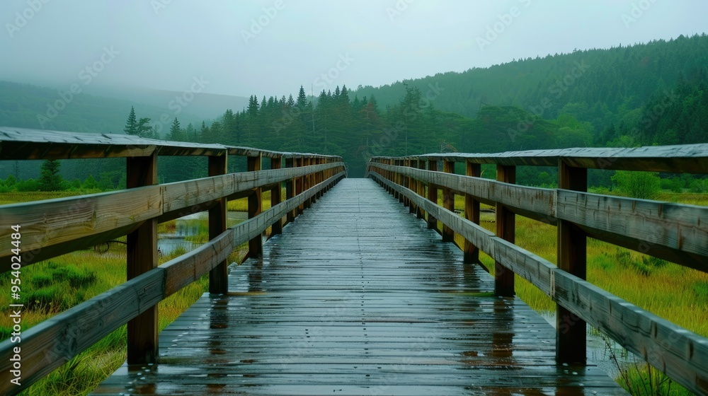 A wooden bridge leads to the distance A wooden bridge leads to the distance