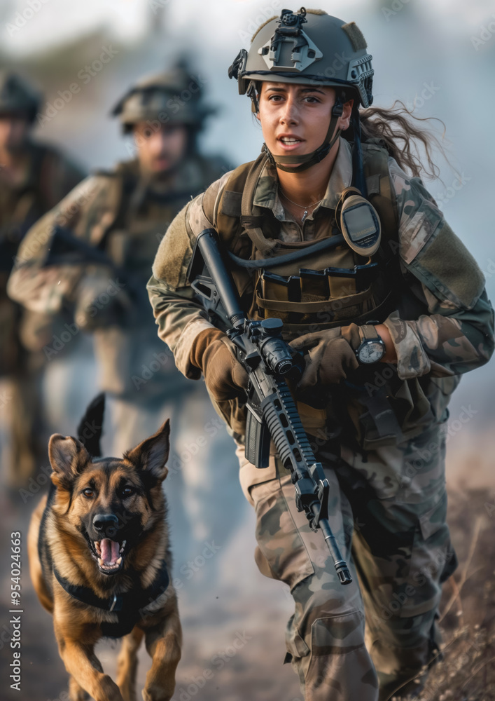 Woman in military uniform, helmet and gun, running over forest grass terrain, dog in front of her. Canine army unit. Generative AI