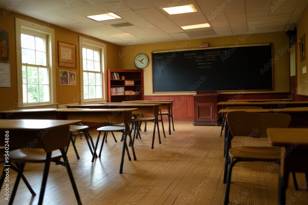 A classroom with a blackboard and a clock on the wall, generative ai image A classroom with a blackboard and a clock on the wall, generative ai image