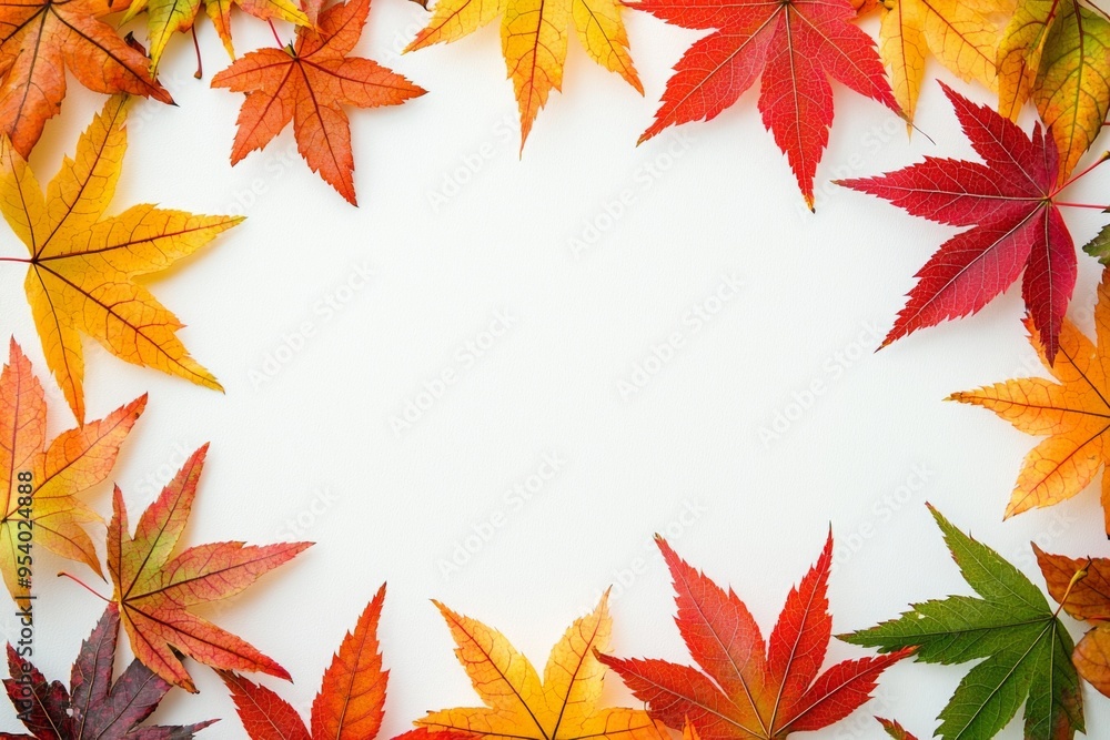 Autumn Maple Leaves Flat Lay White Background created with Generative AI Autumn Maple Leaves Flat Lay White Background created with Generative AI