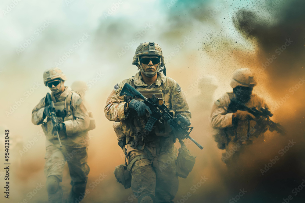 Several modern soldiers fully equipped facing the camera in a dusty and smoggy environment Several modern soldiers fully equipped facing the camera in a dusty and smoggy environment