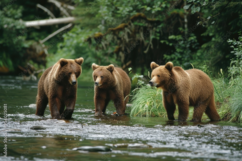 Brown Bears Sibling Pair Along Pink Salmon Stream, Chichagof Island, Alaska Brown Bears Sibling Pair Along Pink Salmon Stream, Chichagof Island, Alaska