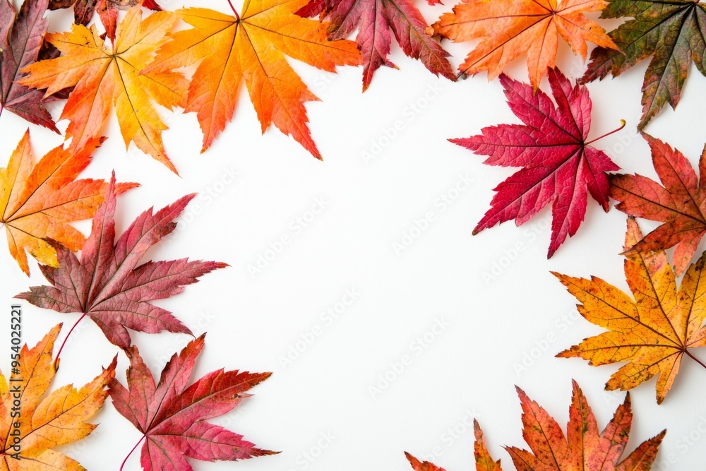 Autumn Maple Leaves Flat Lay White Background created with Generative AI Autumn Maple Leaves Flat Lay White Background created with Generative AI
