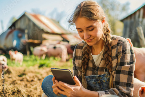 Shot of a young woman using a digital tablet while working at a pig farm