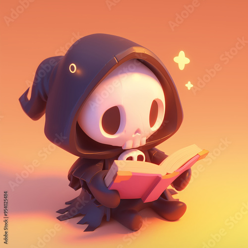 Cute Grim Reaper Character Playing with Airplane photo