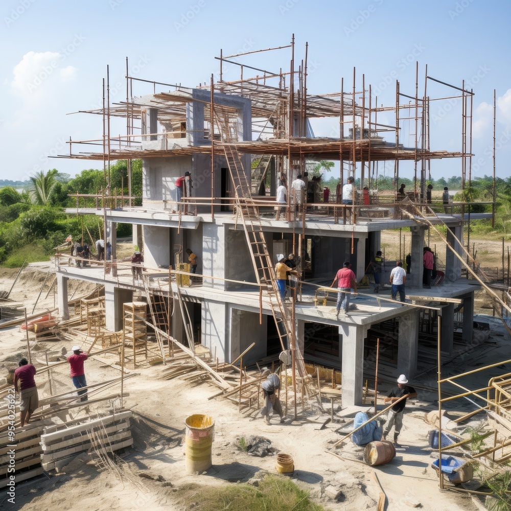 A busy construction site filled with workers diligently building a contemporary modern house A busy construction site filled with workers diligently building a contemporary modern house