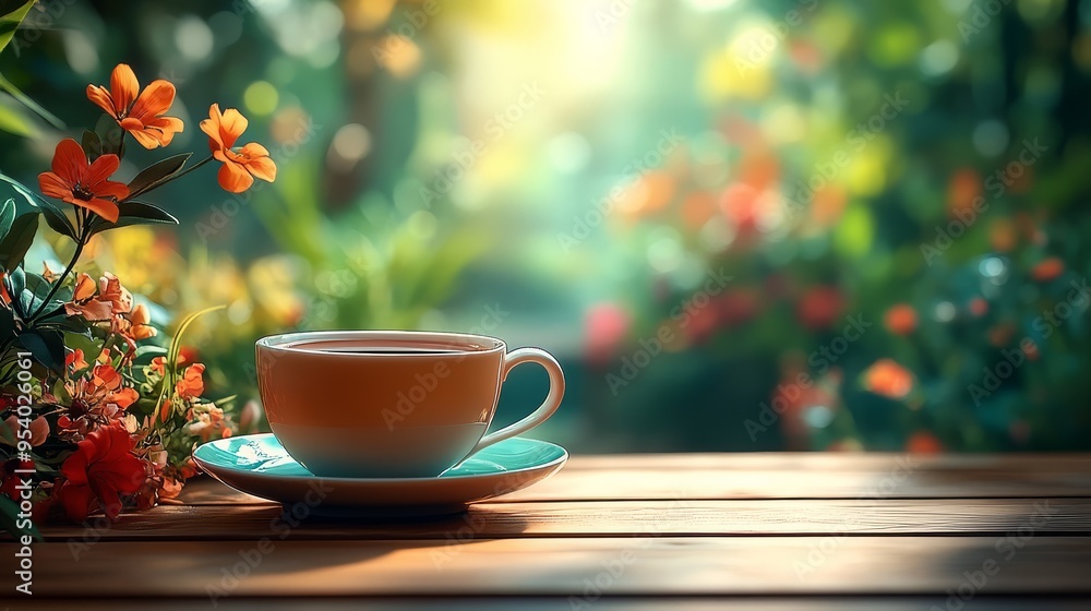 A tranquil morning with steaming coffee surrounded by vibrant flowers in a sunlit garden setting A tranquil morning with steaming coffee surrounded by vibrant flowers in a sunlit garden setting
