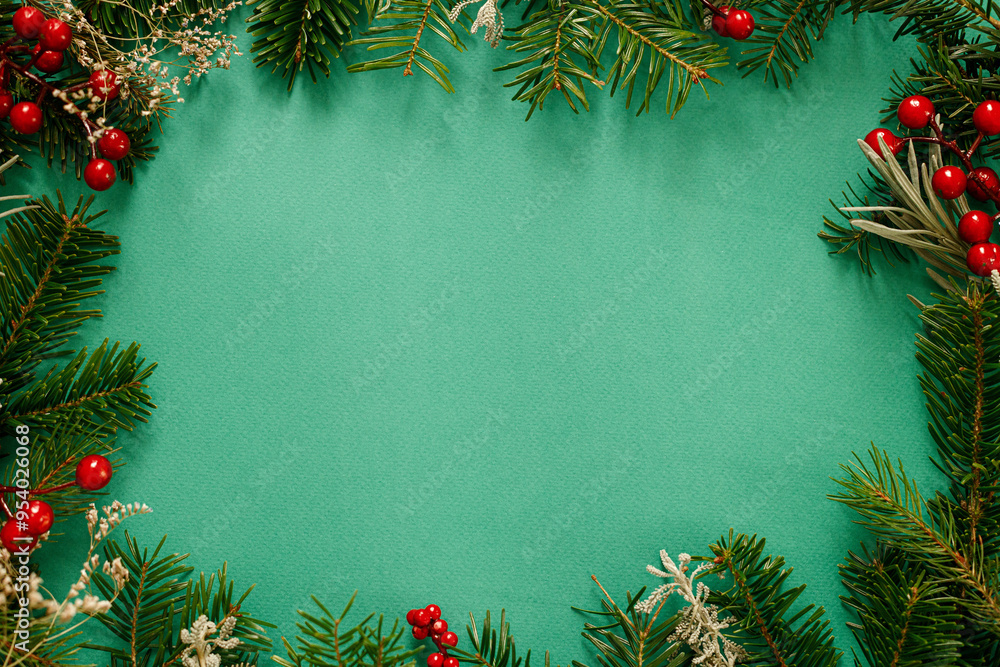Christmas flat lay. Green fir branches, red berries on green background. Merry Christmas. Stylish christmas frame with space for text. Xmas background Christmas flat lay. Green fir branches, red berries on green background. Merry Christmas. Stylish christmas frame with space for text. Xmas background