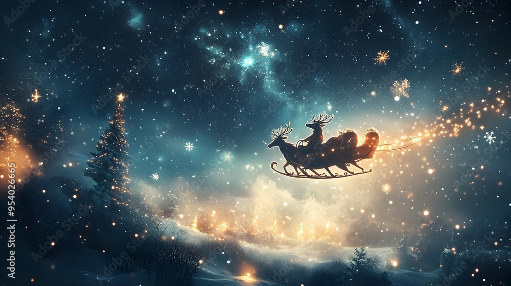 Magical reindeer drawn sleigh flying through a sparkling starry sky above a dreamy snow covered Christmas landscape filled with twinkling lights and holiday cheer Magical reindeer drawn sleigh flying through a sparkling starry sky above a dreamy snow covered Christmas landscape filled with twinkling lights and holiday cheer