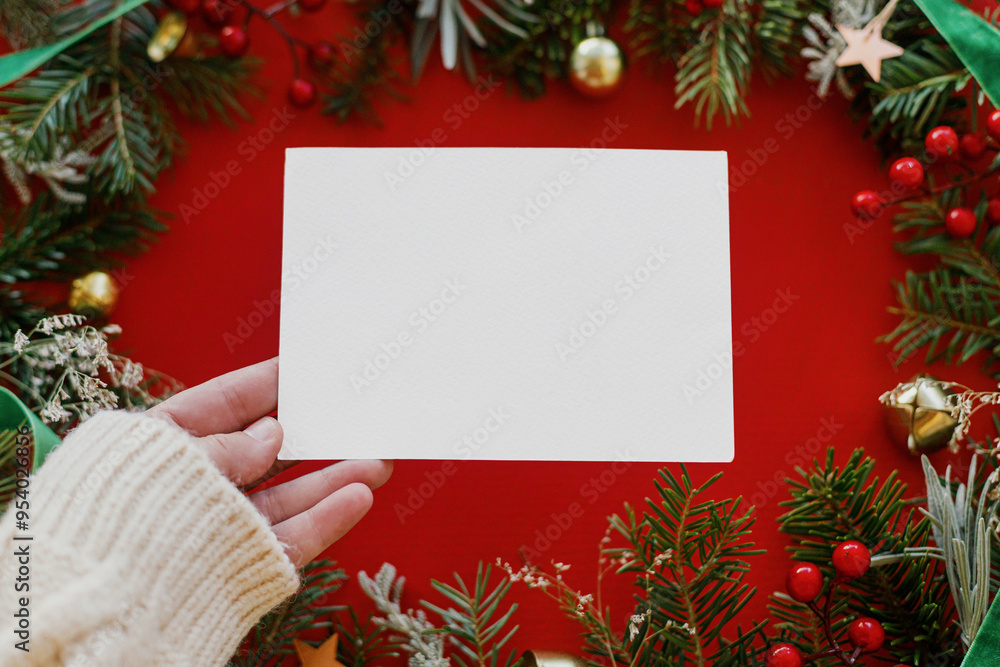 Fototapeta premium Christmas card mock up. Hand holding empty greeting card on red background with fir branches, red berries and golden ornaments. Merry Christmas. Season greeting postcard template