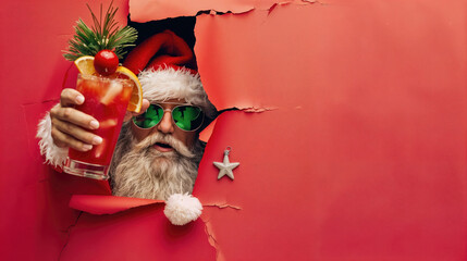 Cool santa claus wearing sunglasses holding cocktail breaking through red background
