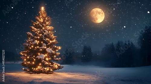 A serene winter night scene with a glowing Christmas tree in the foreground sparkling stars reflecting off the snow and a dreamy full moon illuminating the peaceful snowy landscape