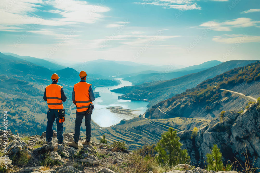 Fototapeta premium Two environmental engineers overlooking a picturesque valley from a mountain, examining grounds for new fossil free power plant